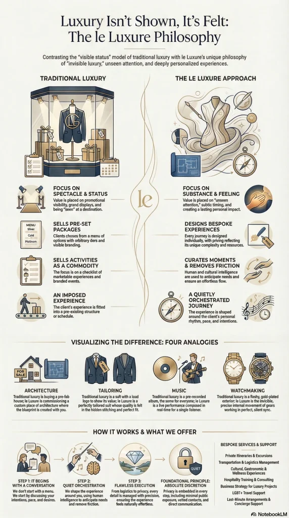 le Luxure FAQ Infographic contrasting traditional visible luxury with Le Luxure's invisible luxury philosophy, emphasizing personalized, subtle, and deeply felt experiences through illustrations and analogies.
