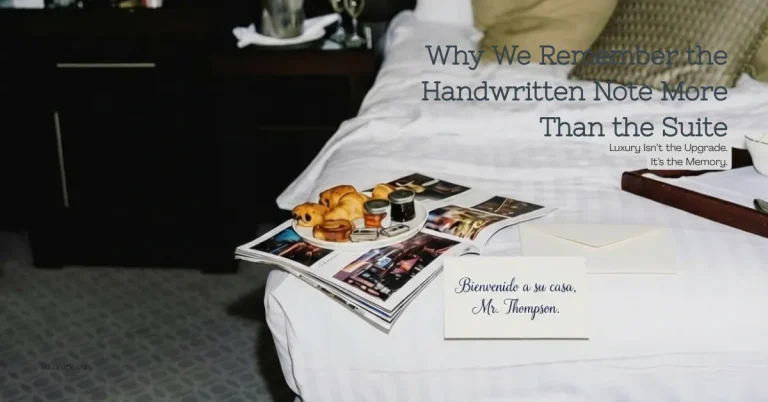 Handwritten welcome note on hotel bed with fresh croissants, jam, magazines, and room service tray, emphasizing personal luxury touch