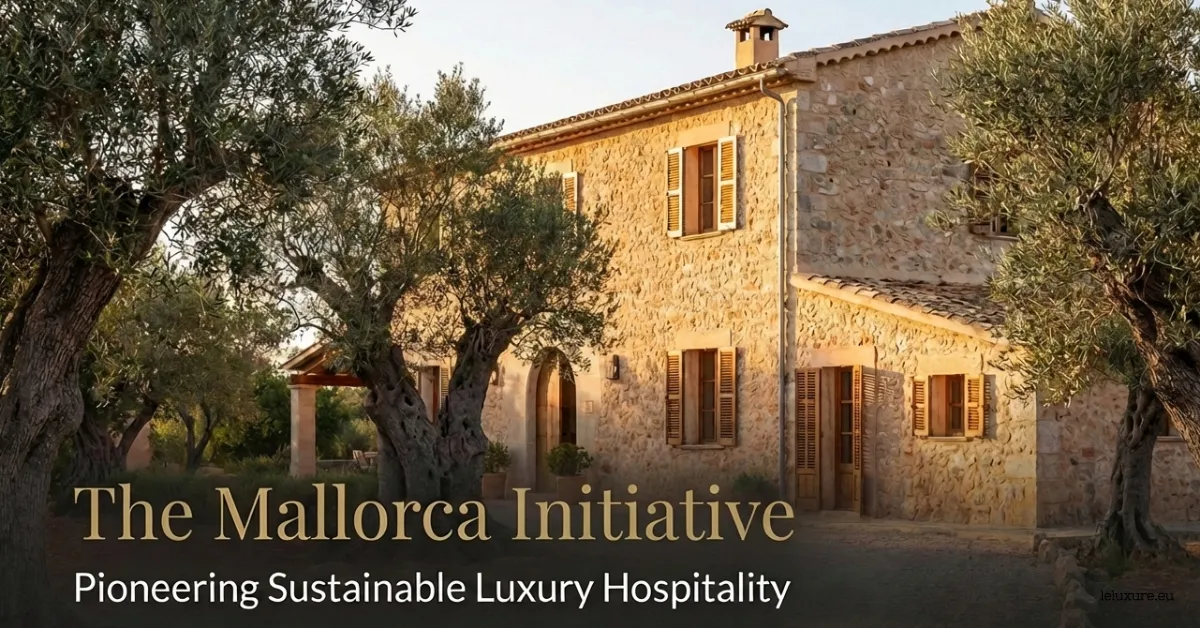 Traditional Mallorcan stone finca surrounded by olive trees at golden hour sunset, exemplifying sustainable luxury hospitality.