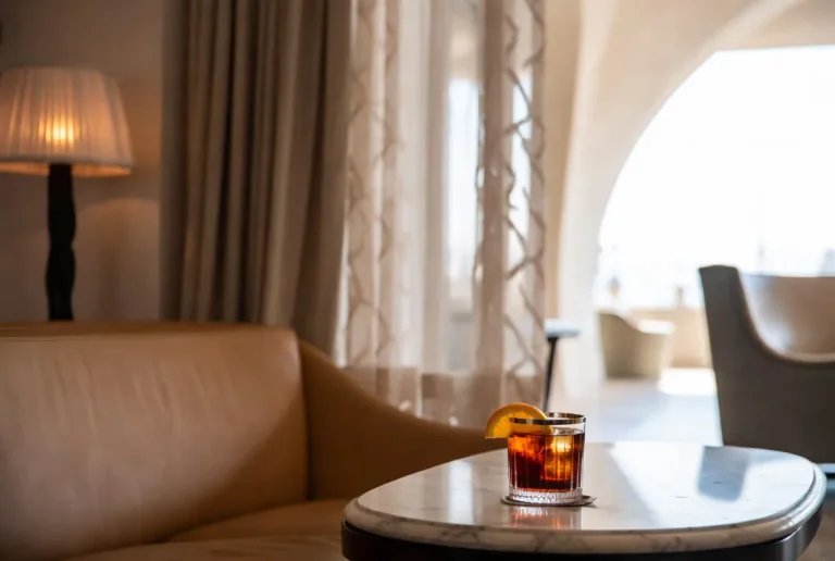 Negroni cocktail on marble table in elegant empty luxury hotel lobby bar with beige sofa and arched windows