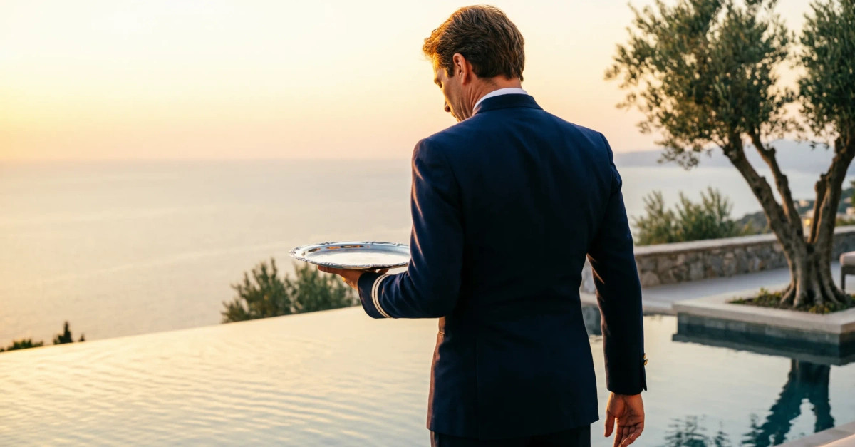A hotel professional in a navy suit holds an empty silver tray, standing with his back to the camera beside an infinity pool overlooking the Mediterranean at sunset.