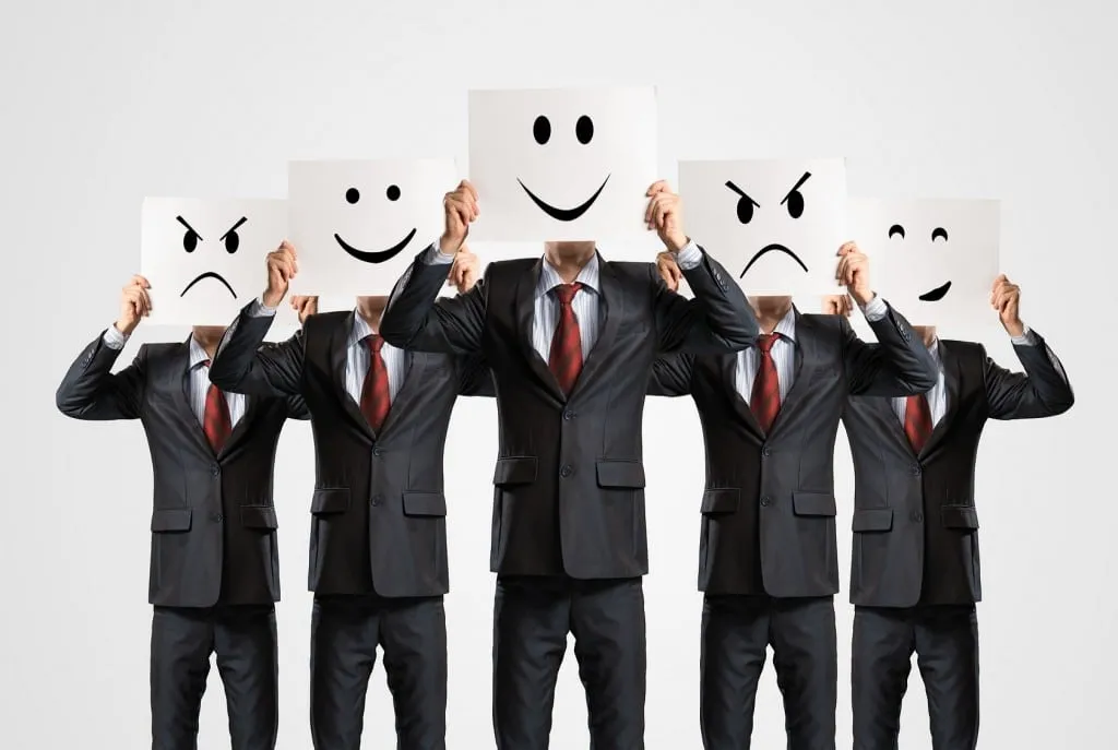 Businessmen in suits, representing mystery guests holding emoji signs with different facial expressions including happy, angry, and sad faces