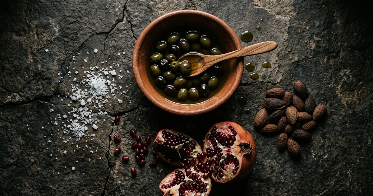 Wooden bowl of green olives in oil with spoon, almonds, pomegranate and salt on stone as examples of Mallorcan gastronomy