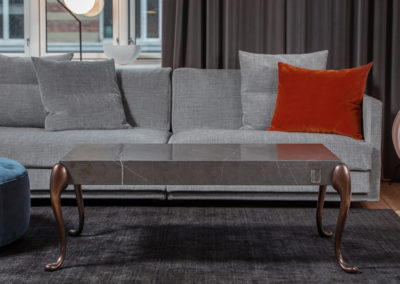 Flightdeck coffee table 60x110x44cm marble with bronzed table legs. Design Morten Voss