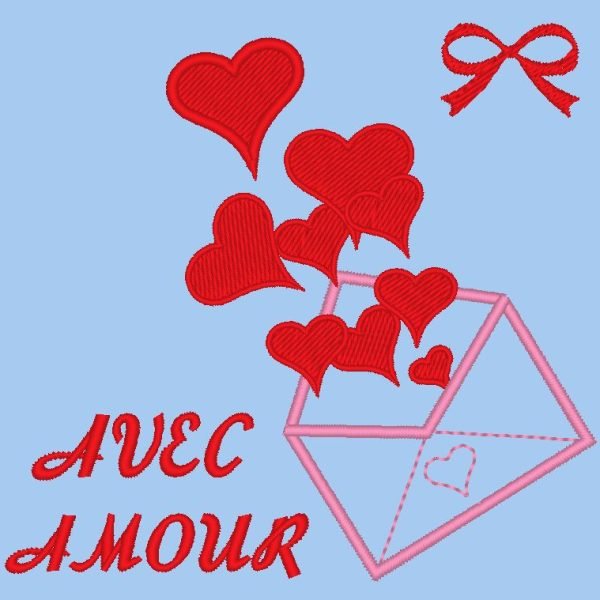 avec amour motif de broderie machine d'une enveloppe qui libère ses coeurs