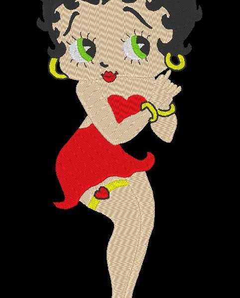 betty et sa robe rouge motif de broderie machine