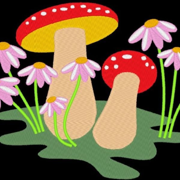 motif de broderie machine champignons et fleurs violettes