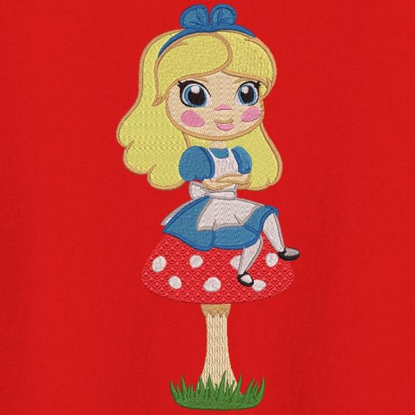 Alice sur son champignon motif de broderie machine