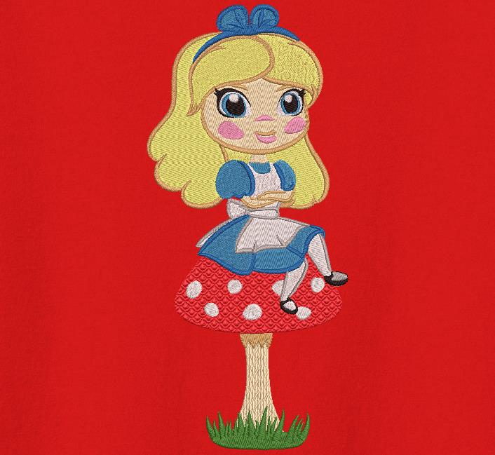 Alice sur son champignon motif de broderie machine