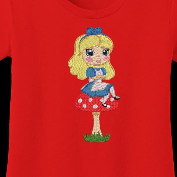 Alice sur son champignon motif de broderie machine