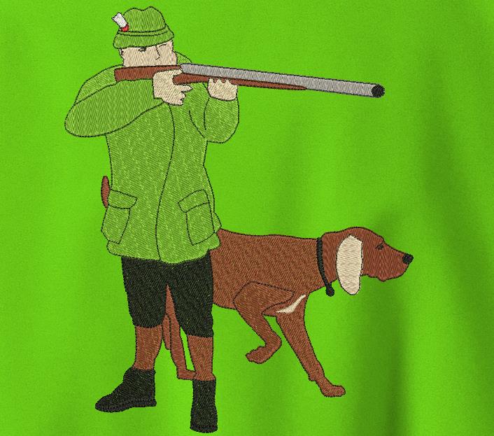 chasseur et son chien de chasse motifs de broderie