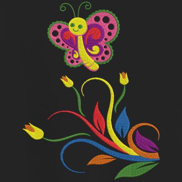 papillon et fleurs multicolores motif de broderie machine