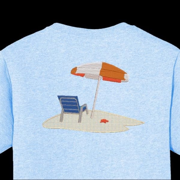 seul sur la plage Motif de broderie machine d’un fauteuil de plage avec un grand parasol blanc et orange ainsi qu’une étoile de mer sur le sable fin de la plage cadre 12 x 18 / 30 x 20 Formats des fichiers PES,CSD,EXP,HUS,SHV,VIP,XXX,DST,PCS,JEF,VP3,SEW,EMB… Téléchargement immédiat