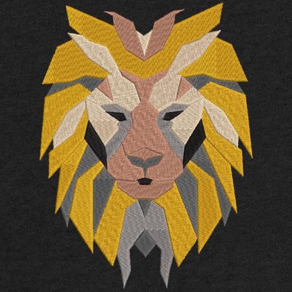 Motif de broderie machine d’une tête de lion en formes géométriques