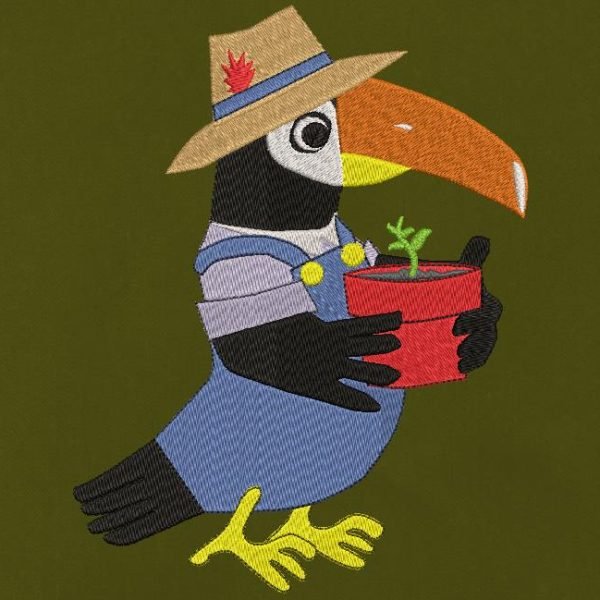toucan jardinier Motif de broderie machine d’un toucan jardinier avec sa salopette bleue et son chapeau de paille avec une petite plume . Il tient dans ses mains ou plutôt dans ses ailes un pot avec une petite plante cadre 10 x 10 / 20 x 20 Formats des fichiers PES,CSD,EXP,HUS,SHV,VIP,XXX,DST,PCS,JEF,VP3,SEW,EMB… Téléchargement immédiat