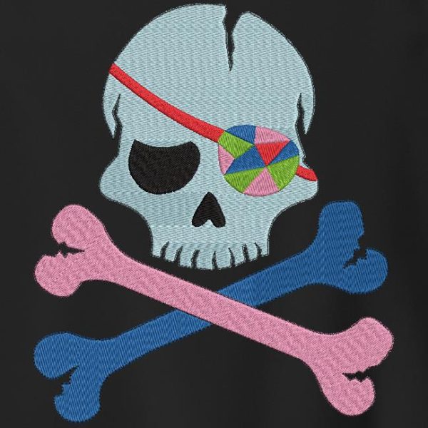 tête de mort pirate avec un cache œil multicolore Motif de broderie machine cadre 10 x 10/ 13 x 18 / 20 x 30 Formats des fichiers PES,CSD,EXP,HUS,SHV,VIP,XXX,DST,PCS,JEF,VP3,SEW… Téléchargement immédiat
