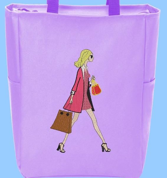élégance à la française. motif de broderie machine d’une femme très élégante qui marche dans la rue avec un sac à main et un sac de shopping. cadre  13 x 18 / 20 x 20. Formats des fichiers PES,CSD,EXP,HUS,SHV,VIP,XXX,DST,PCS,JEF,VP3,SEW,EMB… Téléchargement immédiat