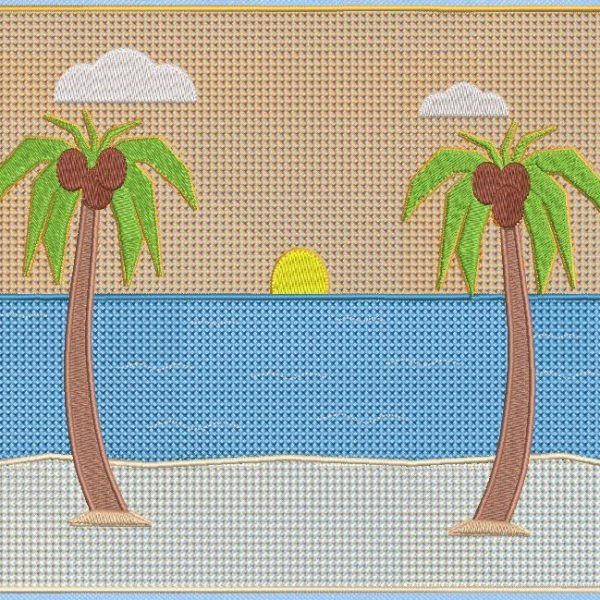 cocotiers sur la plage. Motif de broderie machine de deux majestueux cocotiers sur la plage, une invitation au voyage et aux vacances. cadre 20 x 20 /20 x 30. Formats des fichiers PES,CSD,EXP,HUS,SHV,VIP,XXX,DST,PCS,JEF,VP3,EMB… Téléchargement immédiat après votre paiement.