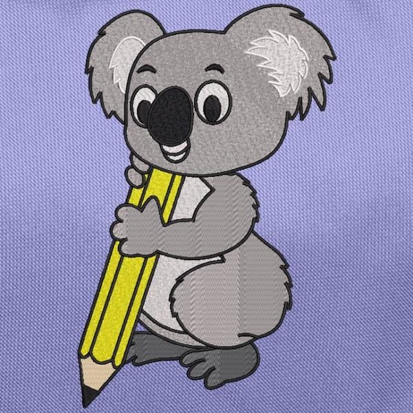 koala avec un crayon. Motif de broderie machine d’un koala avec un crayon jaune motif idéal sur une trousse ou un sac d’écolier. cadre 10 x 10 /13 x 18 / 16 x 26 / 20 x 30 . Formats des fichiers PES,CSD,EXP,HUS,SHV,VIP,XXX,DST,PCS,JEF,VP3,EMB… Téléchargement immédiat après votre paiement.