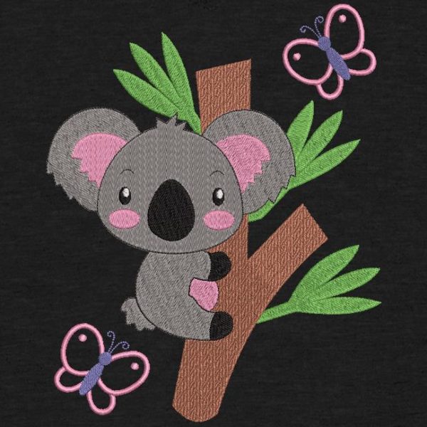 koala sur une branche. Motif de broderie machine d’un koala sur une branche d’eucalyptus avec des papillons qui virevoltent . cadre 10 x 10 / 20 x 20 / 20 x 30 . Formats des fichiers PES,CSD,EXP,HUS,SHV,VIP,XXX,DST,PCS,JEF,VP3,EMB… Téléchargement immédiat après votre paiement.