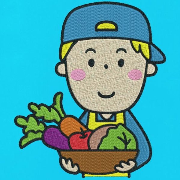 mon petit épicier. Motif de broderie machine mon petit épicier qui représente un vendeur avec sa corbeille de fruits et de légumes . il porte aussi un joli tablier et une casquette. Collection travail et métiers. cadre 10 x 10 / 13 x 18 /20 x 30. Formats des fichiers PES,CSD,EXP,HUS,SHV,VIP,XXX,DST,PCS,JEF,VP3,EMB… Téléchargement immédiat après votre paiement.
