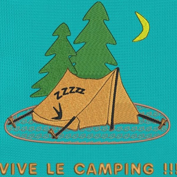 vive le camping . Motif de broderie machine « vive le camping  » qui représente une tente dressée en plein milieu de la forêt avec ,à l’intérieur ,un campeur qui dort après une longue marche. cadre 13 x 18 /20 x 20. Formats des fichiers PES,CSD,EXP,HUS,SHV,VIP,XXX,DST,PCS,JEF,VP3,EMB… Téléchargement immédiat après votre paiement.