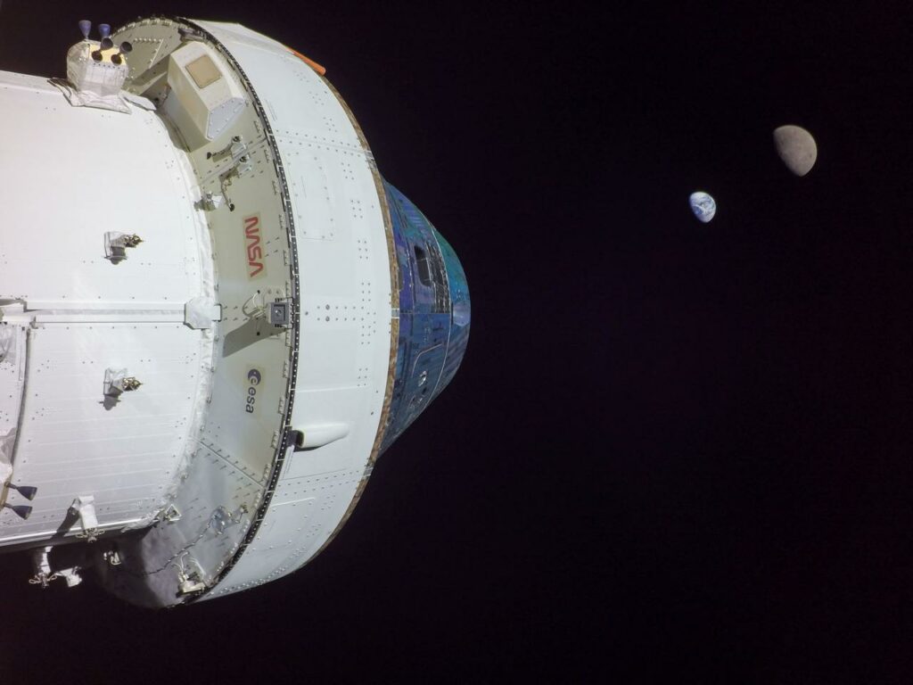 orion space-ship with moon and earth 