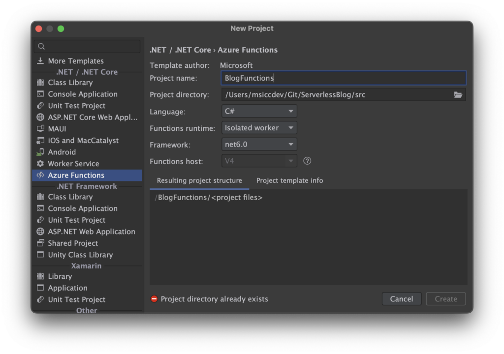 JetBrains Rider New Project dialog with Azure Functions selected.