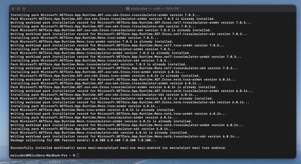 dotnet workload install result in Terminal