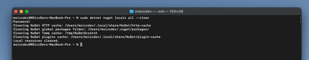 local nuget caches cleared in terminal