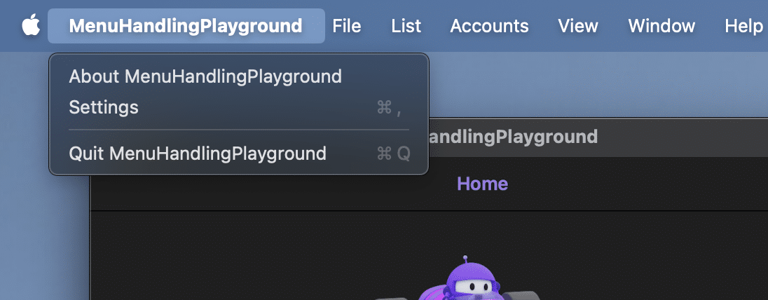 MacCatalyst application menu with Settings option added
