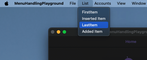 Demo application's list menu with inserted and added item