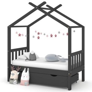 Sengeramme For Barn Med Skuff Heltre Furu 70X140 Cm Mørkegrå