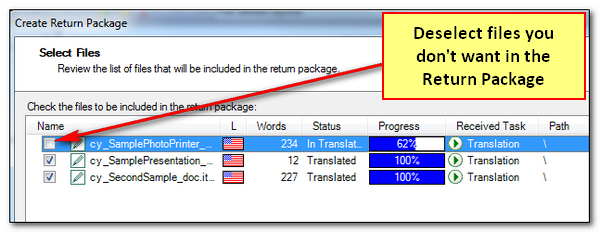 Deselect any files you don't want ion the return Package