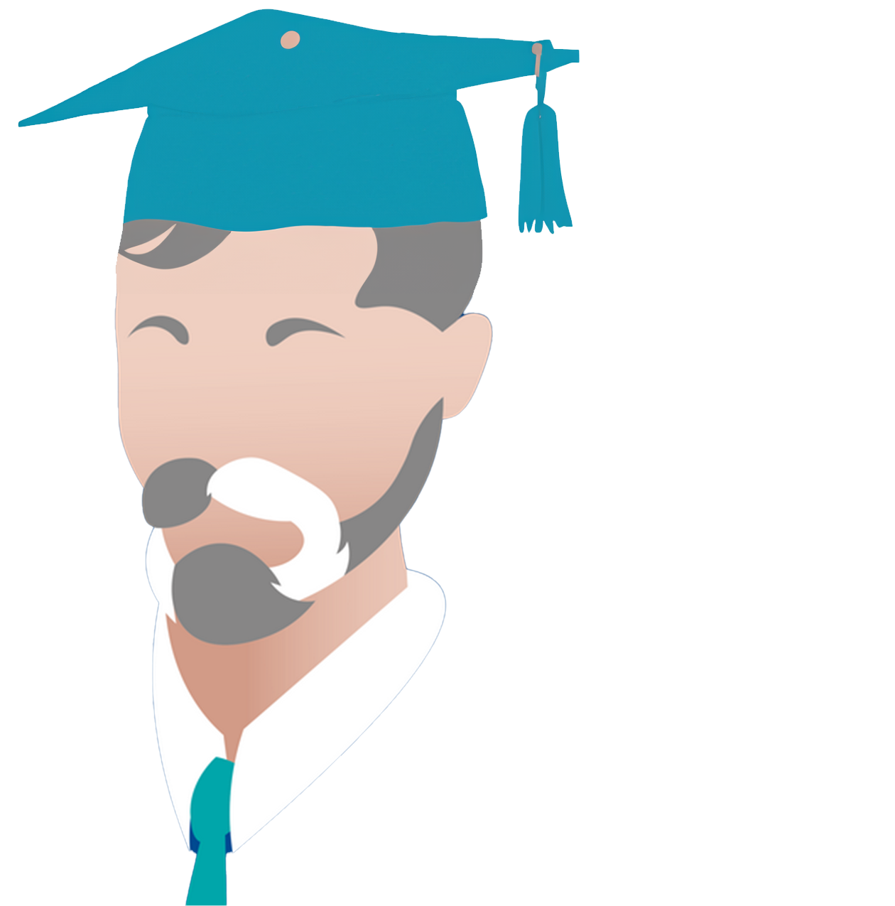 The image depicts a stylised portrait of a person wearing academic attire. The individual has a neatly trimmed beard and moustache, and they are wearing a blue graduation cap with a tassel on the right side. They appear to be smiling contentedly, with their eyes closed in a serene expression. The figure's graduation gown is dark blue, and they are wearing a white shirt with a green tie underneath. The image has a clean and modern vector art style, with flat colours and simple shapes for features.