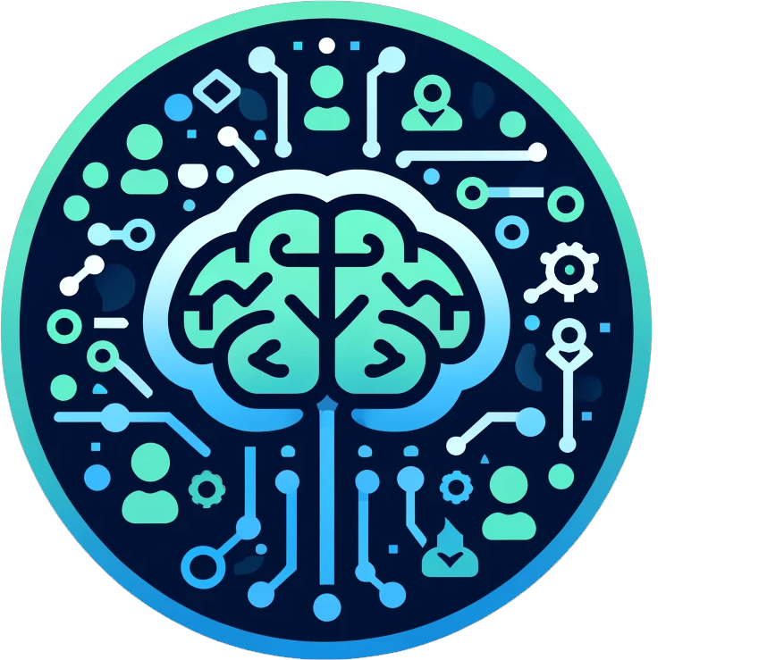 An image representing a modern, digital flat icon symbolizing an AI-supported community. It integrates elements of technology and symbols of community and unity, with a futuristic color scheme of blues and greens.