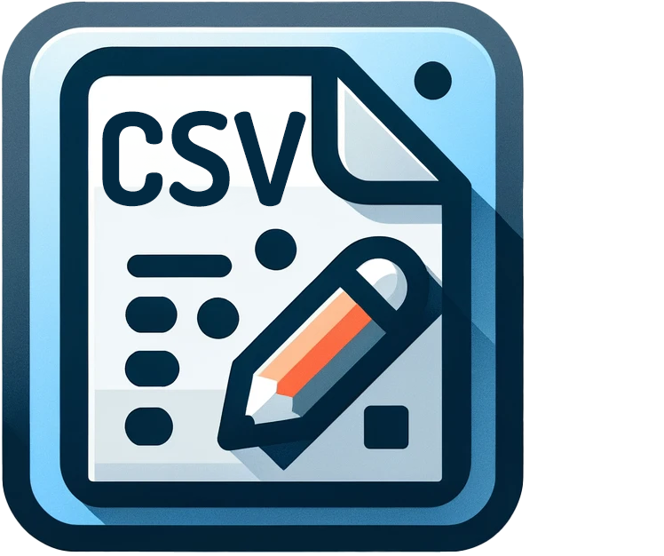 Icon of a CSV file with a pencil, indicating a file used for entering or editing comma-separated values. The icon is designed to resemble a physical document with lines of text and the CSV extension in the upper right corner, encapsulated in a blue rounded square with a slight shadow effect.