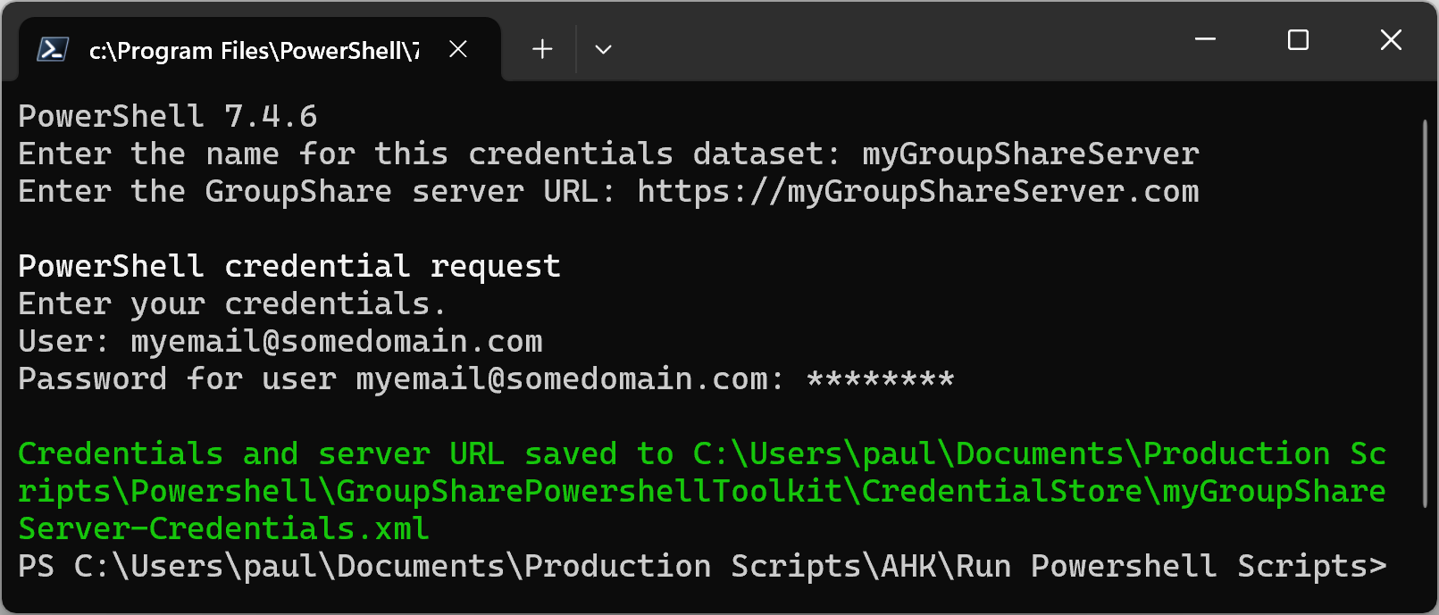 A PowerShell terminal displays a session where the user is prompted to enter the name for a credentials dataset, the GroupShare server URL, and credentials (username and password). After inputting the information, a message confirms that the credentials and server URL have been securely saved to an XML file at a specified path.