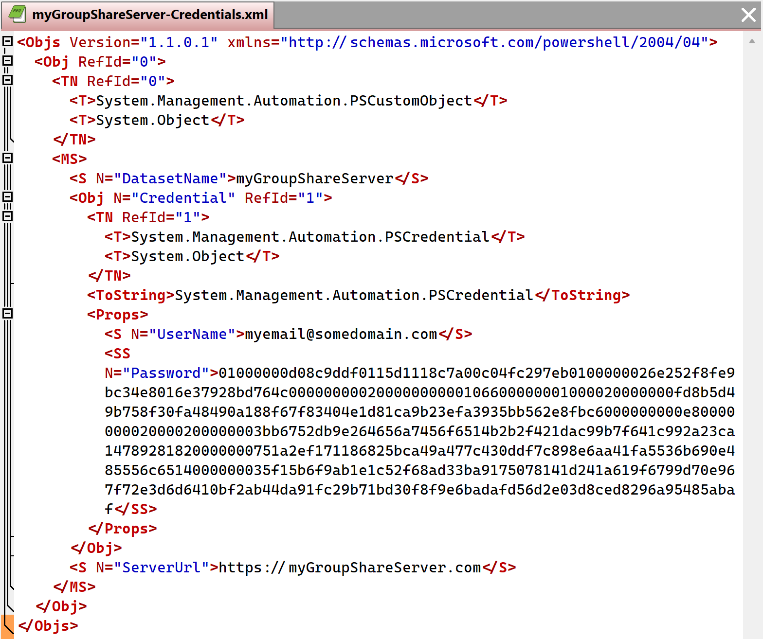 A text editor displays the contents of an XML file named myGroupShareServer-Credentials.xml. The XML includes an object (<Obj>) with properties for DatasetName, Credential, and ServerUrl. The Credential property contains an encrypted password and a username, while the ServerUrl points to https://myGroupShareServer.com. The file uses the PowerShell XML schema for serialised objects.