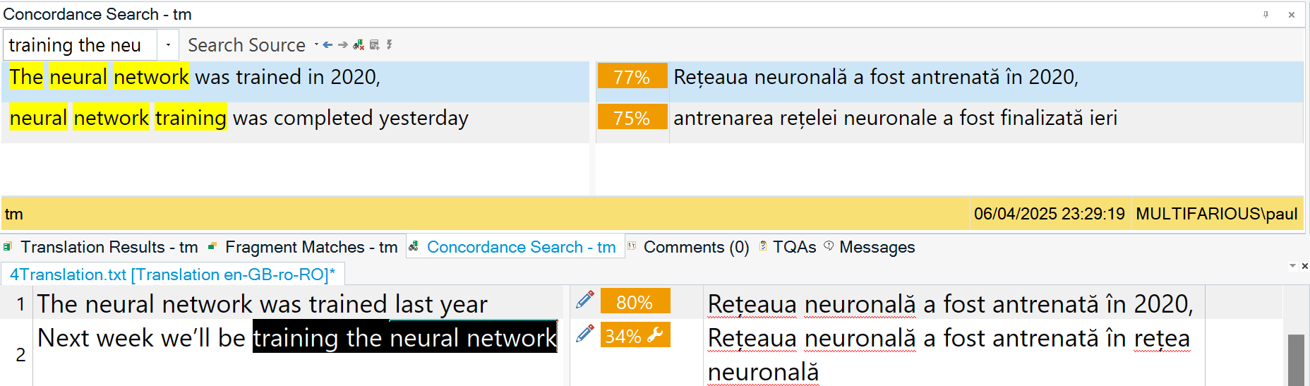 Screenshot of a CAT tool showing a concordance search for the phrase “training the neural”. In segment #2 of the main translation window, the phrase “training the neural network” is highlighted. The Concordance Search pane above displays a 75% match against the entry “neural network training was completed yesterday”, whose Romanian translation is “antrenarea rețelei neuronale a fost finalizată ieri”.