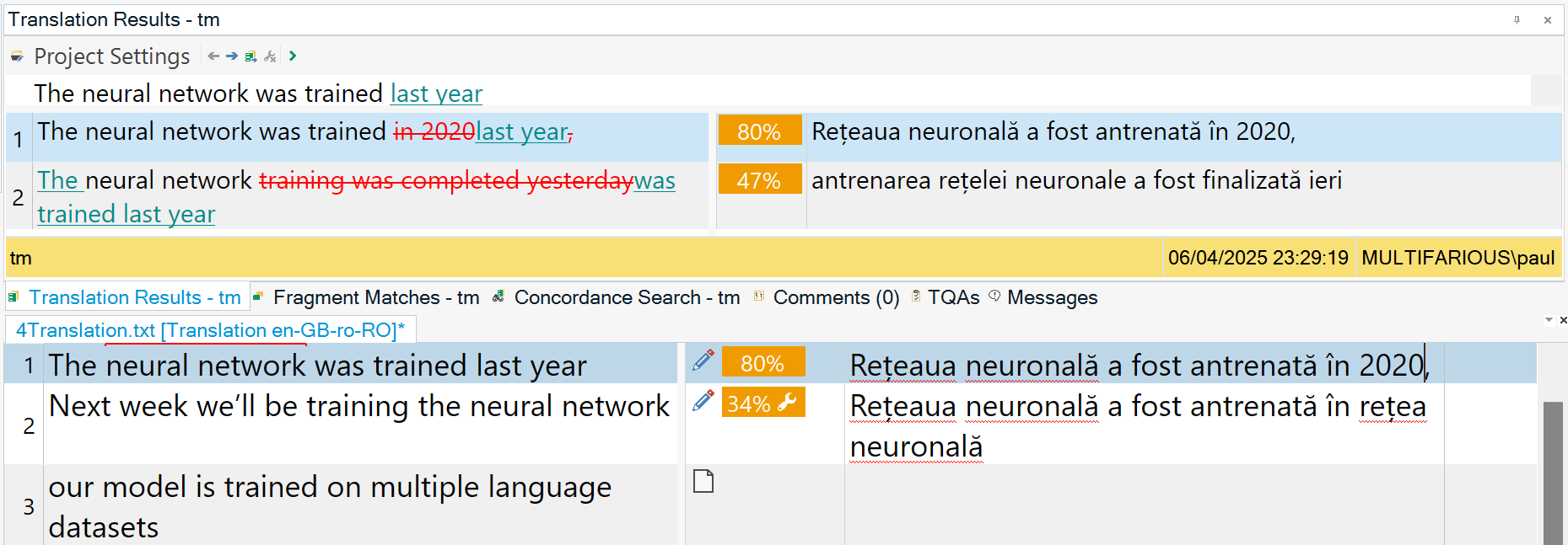 Screenshot of Trados Studio displaying translation memory (TM) matches. Segment #1 in the editor reads: “The neural network was trained last year” and receives an 80% TM match from the entry “The neural network was trained in 2020”, with the Romanian translation “Rețeaua neuronală a fost antrenată în 2020,”. The match is shown in the Translation Results pane.