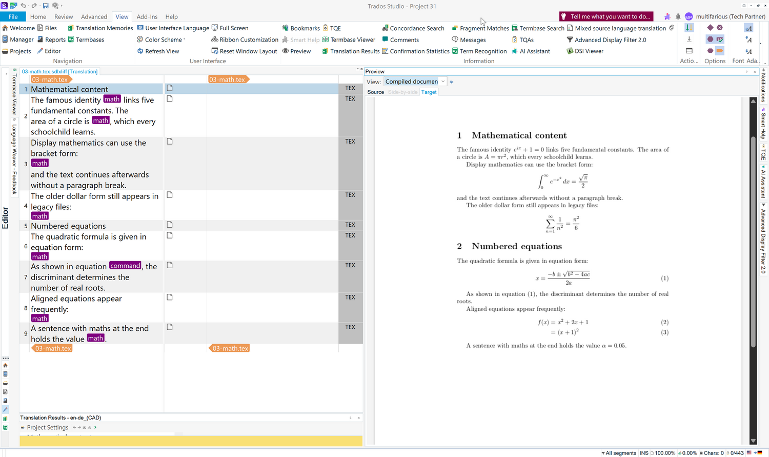 Trados Studio with a LaTeX file open for translation, showing segments with maths protected as tags in the editor and a compiled document preview rendering the typeset equations on the right.