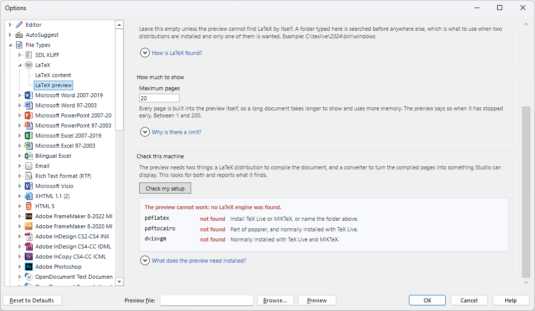 Trados Studio Options showing the LaTeX preview settings page, with the "Check my setup" diagnostic reporting that no LaTeX engine was found on the machine.