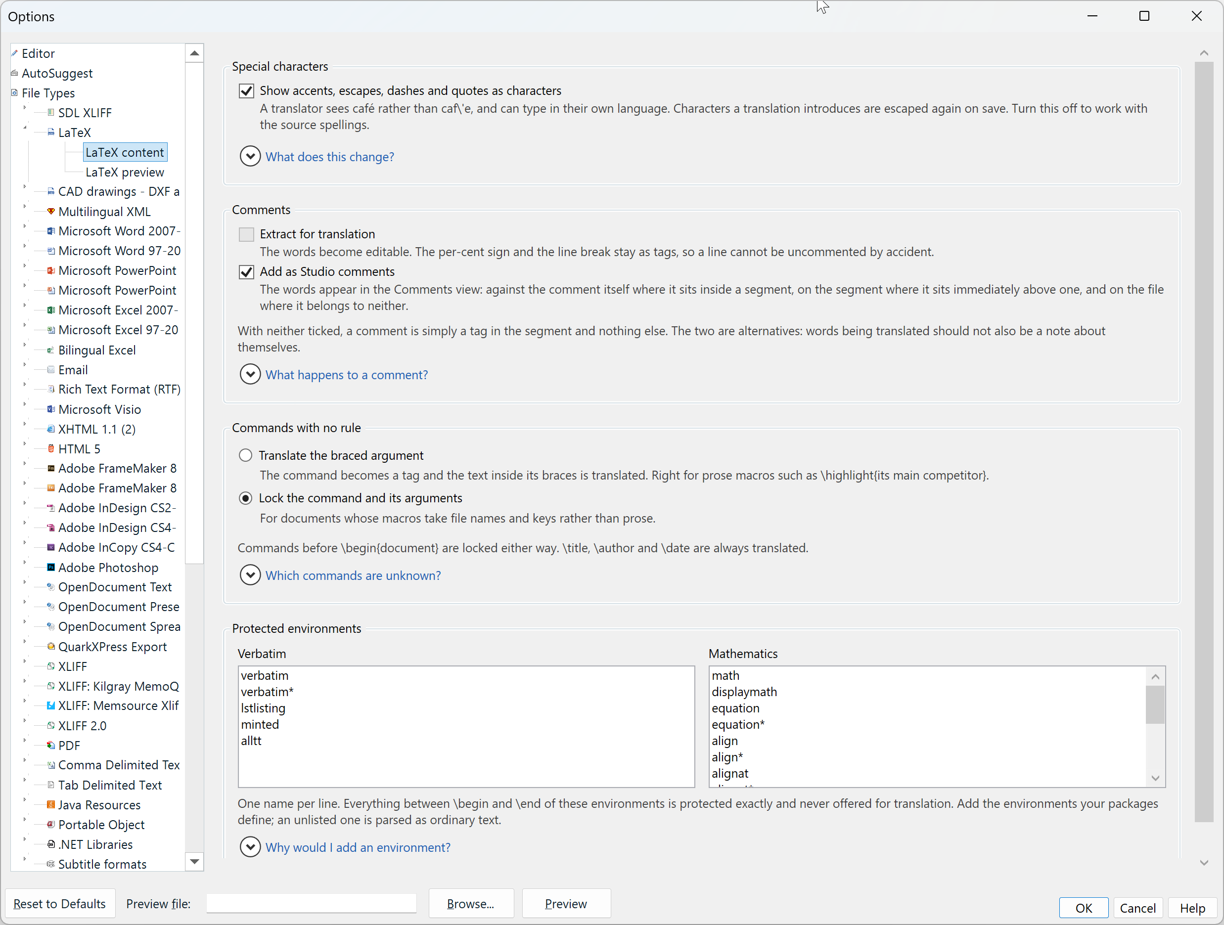 Trados Studio Options showing the LaTeX content settings page, with options for special characters, comments, unknown commands and protected environments, each with inline help.