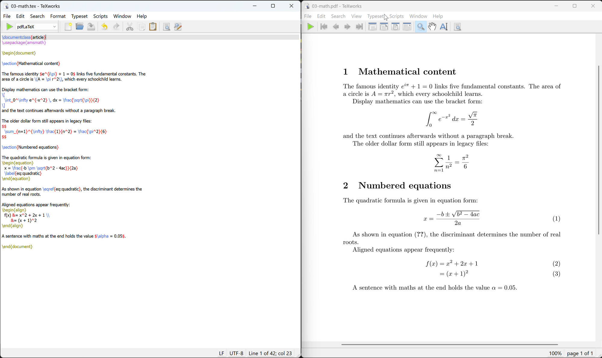 Here's alt-text for it:
Short version:
The sample LaTeX file open in TeXworks, with the source code on the left and the compiled PDF on the right, verifying the file compiles correctly outside Trados Studio.