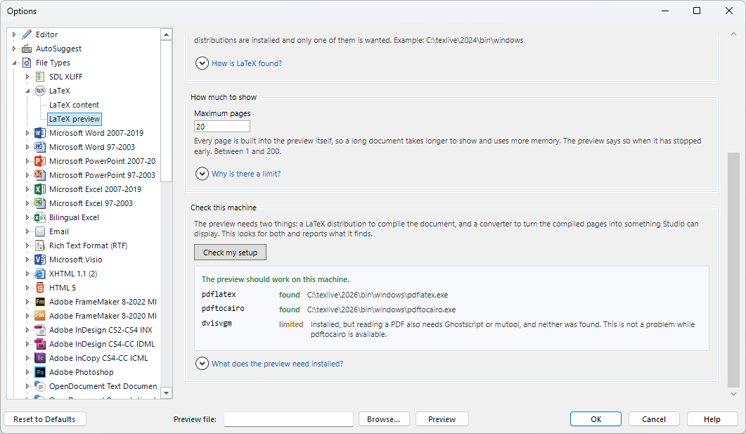 The same LaTeX preview setup check in Trados Studio Options, now reporting the preview should work after installing TeX Live, with pdflatex and pdftocairo found.
