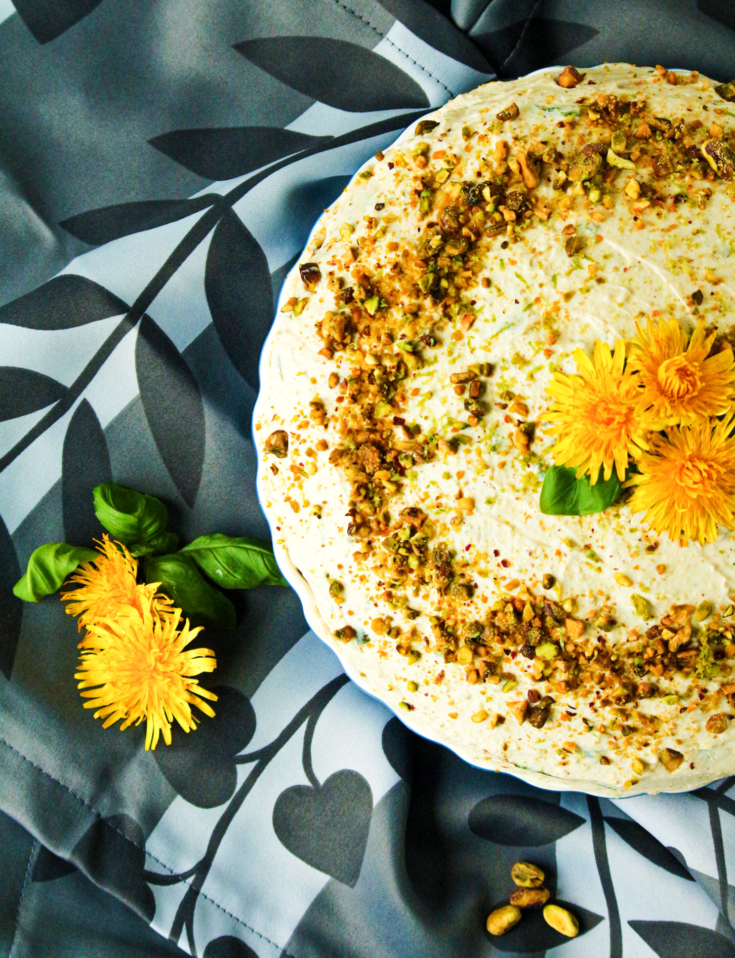 Pistachio cake with lime and basil