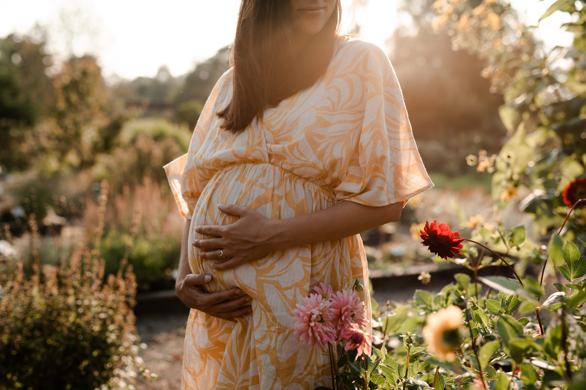 Gravid kvinna smeker sin mage i ett blomsterhav med dahlior