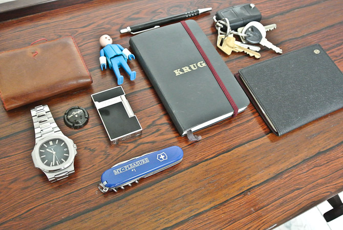 En pung, et ur, lillebror, en notesbog, en pen, mit pas, nøgler, lighter, en champagne kapsel og schweizer-frækkerten