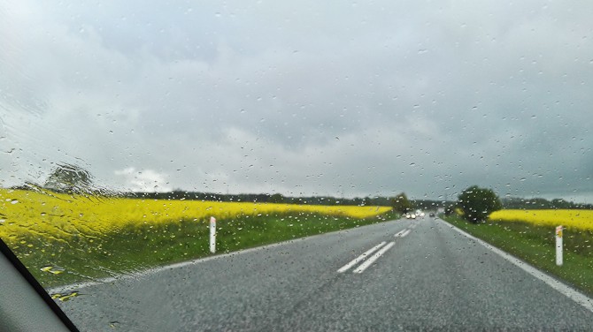 Gule marker og regn på ruden